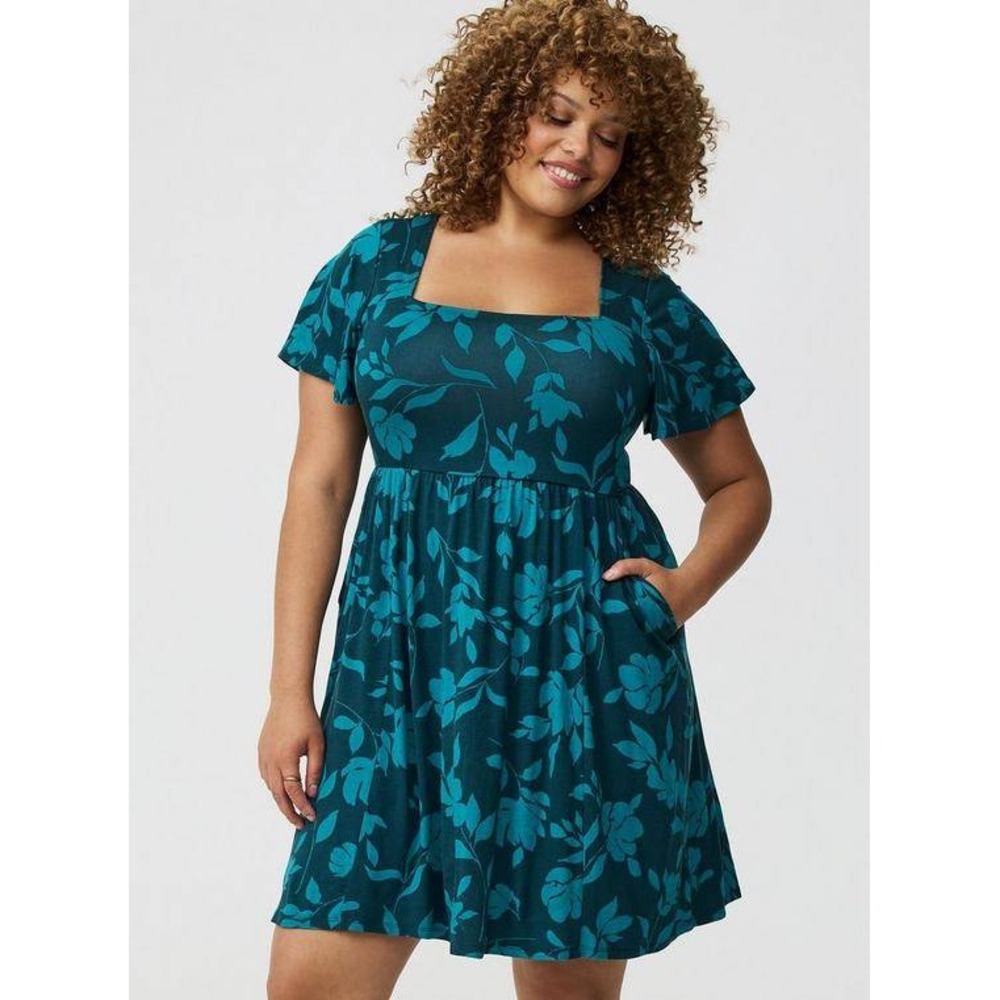 Torrid NWOT Flutter Sleeve Teal Tropical Floral Print Jersey Skater Dress 0X/XL